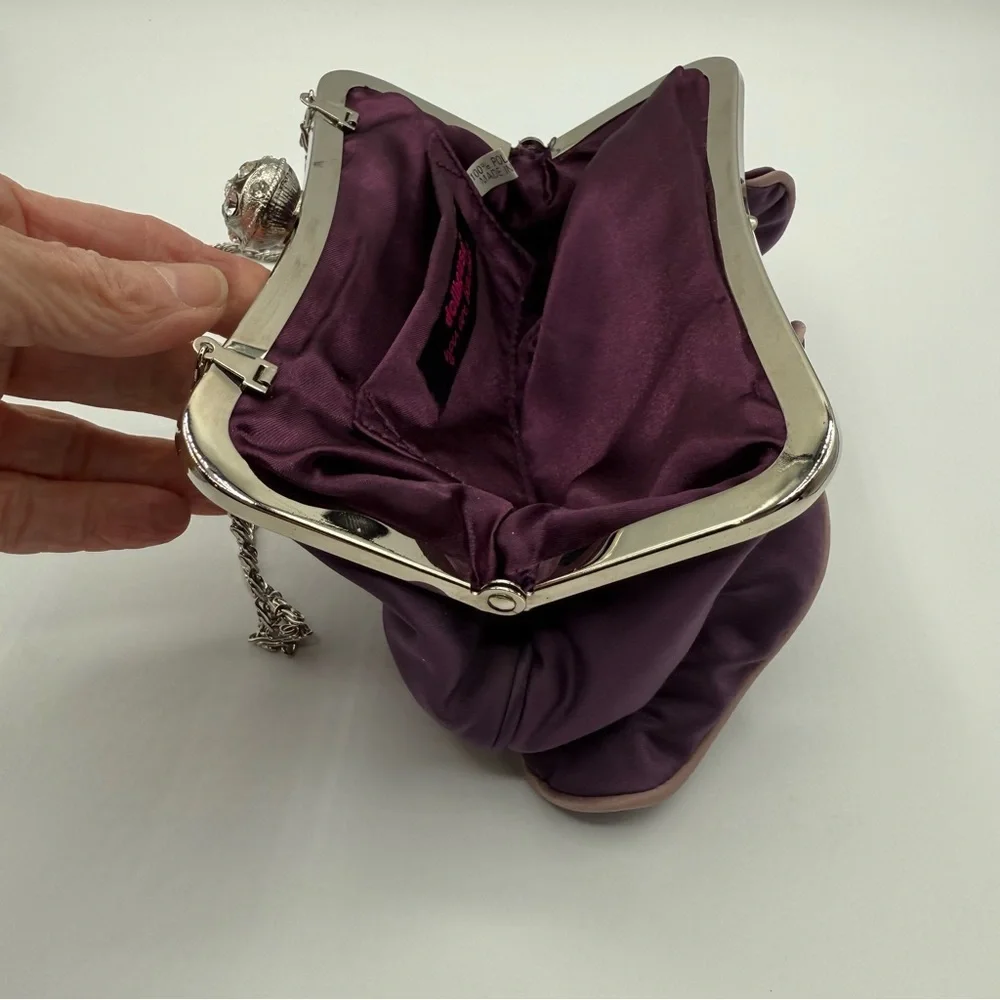 Dollhouse Satin Ruffled Front Jeweled Kiss-Lock Purple Handbag ClutchFormal Prom